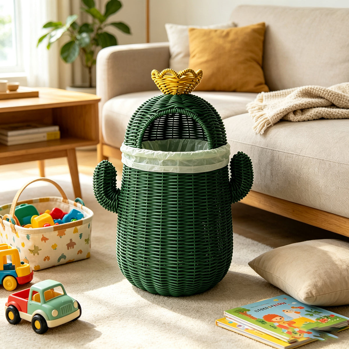 Handmade Wicker Cactus Storage Basket | Boho Nursery Organizer | EcoVine Living