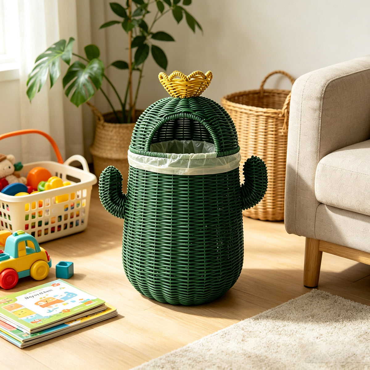 Handmade Wicker Cactus Storage Basket | Boho Nursery Organizer | EcoVine Living