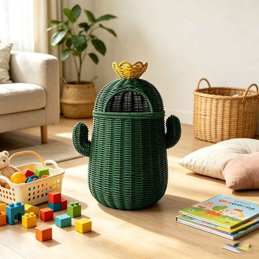 Handmade Wicker Cactus Storage Basket | Boho Nursery Organizer | EcoVine Living