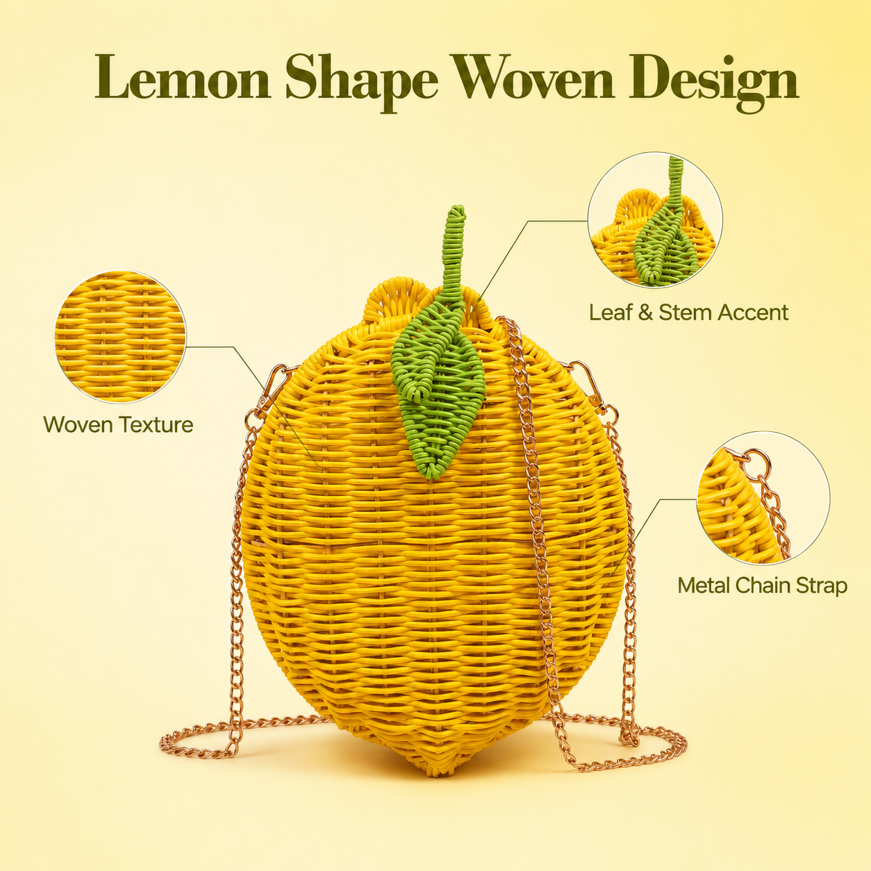 Lemon Shape Woven Crossbody Bag – Handmade Rattan Straw Purse with Metal Chain Strap, Summer Beach Shoulder Bag for Women