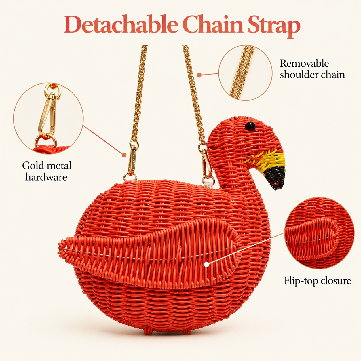 Handwoven Wicker Flamingo Crossbody Bag | Statement Summer Purse | EcoVine Living