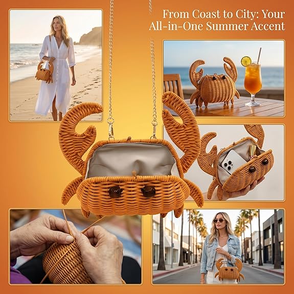 Handwoven Wicker Crab Crossbody Bag | Coastal Summer Statement Accessory | EcoVine Living