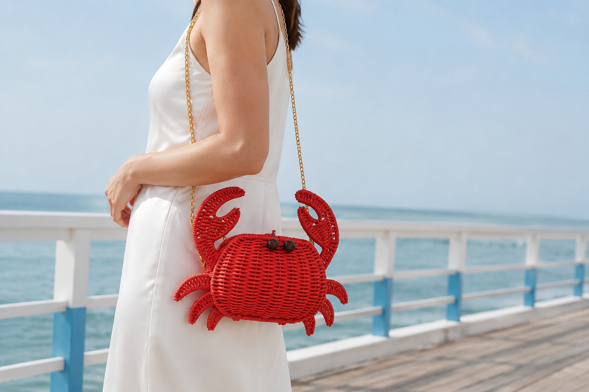 Handwoven Wicker Crab Crossbody Bag | Coastal Summer Statement Accessory | EcoVine Living