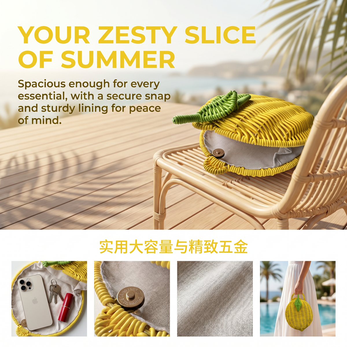 Lemon Shape Woven Crossbody Bag – Handmade Rattan Straw Purse with Metal Chain Strap, Summer Beach Shoulder Bag for Women