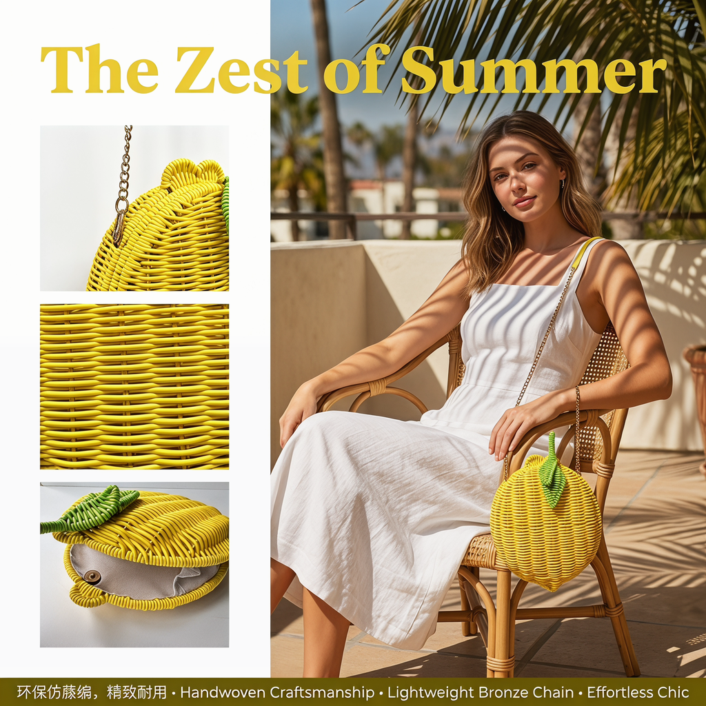 Lemon Shape Woven Crossbody Bag – Handmade Rattan Straw Purse with Metal Chain Strap, Summer Beach Shoulder Bag for Women