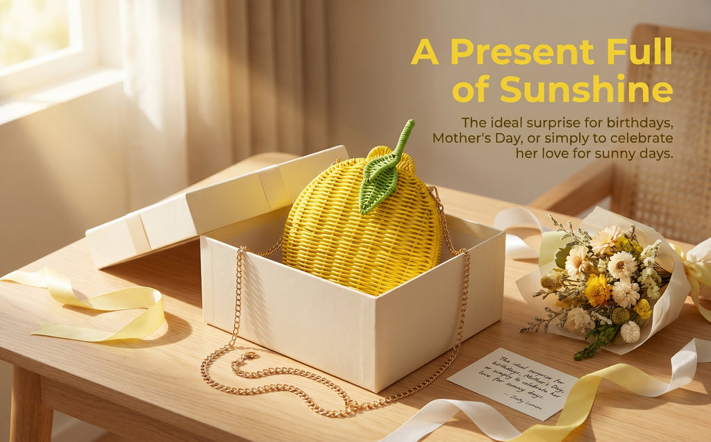 Lemon Shape Woven Crossbody Bag – Handmade Rattan Straw Purse with Metal Chain Strap, Summer Beach Shoulder Bag for Women