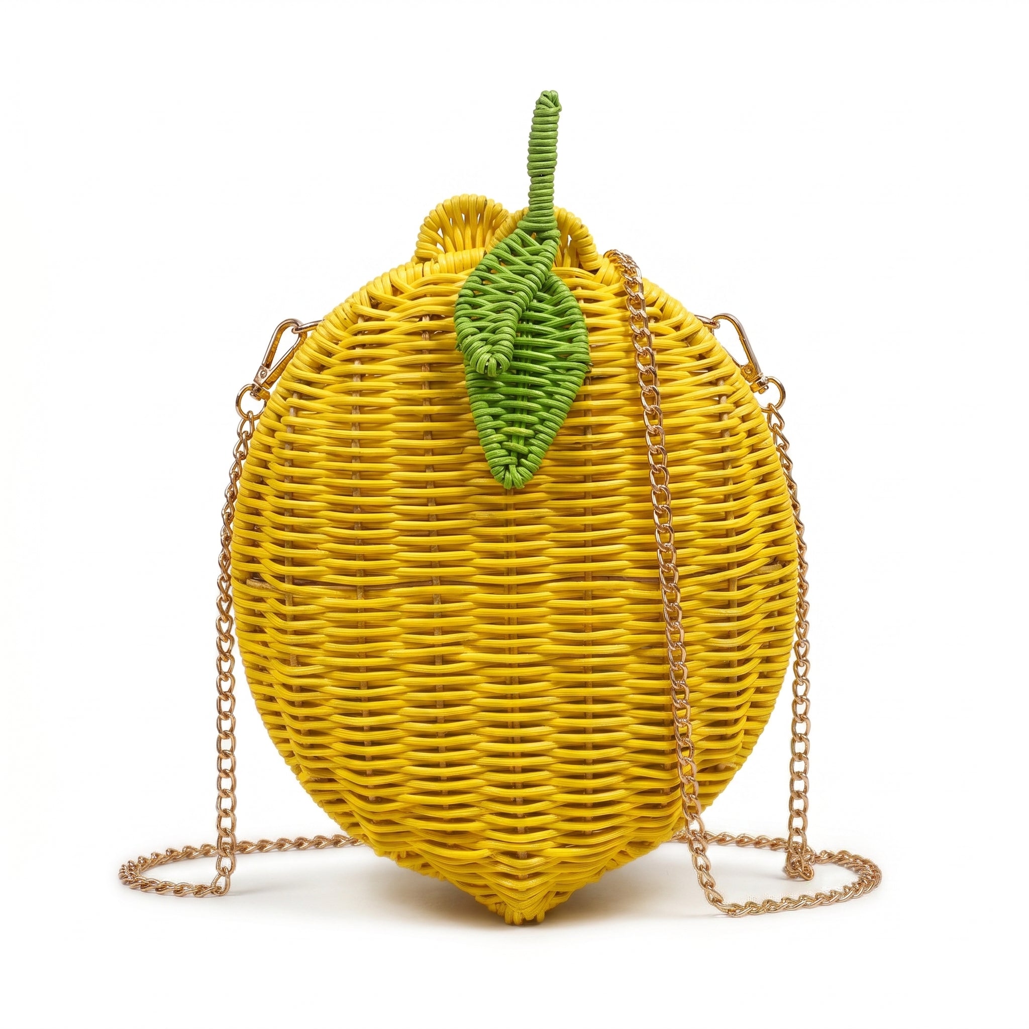 Lemon Shape Woven Crossbody Bag – Handmade Rattan Straw Purse with Metal Chain Strap, Summer Beach Shoulder Bag for Women